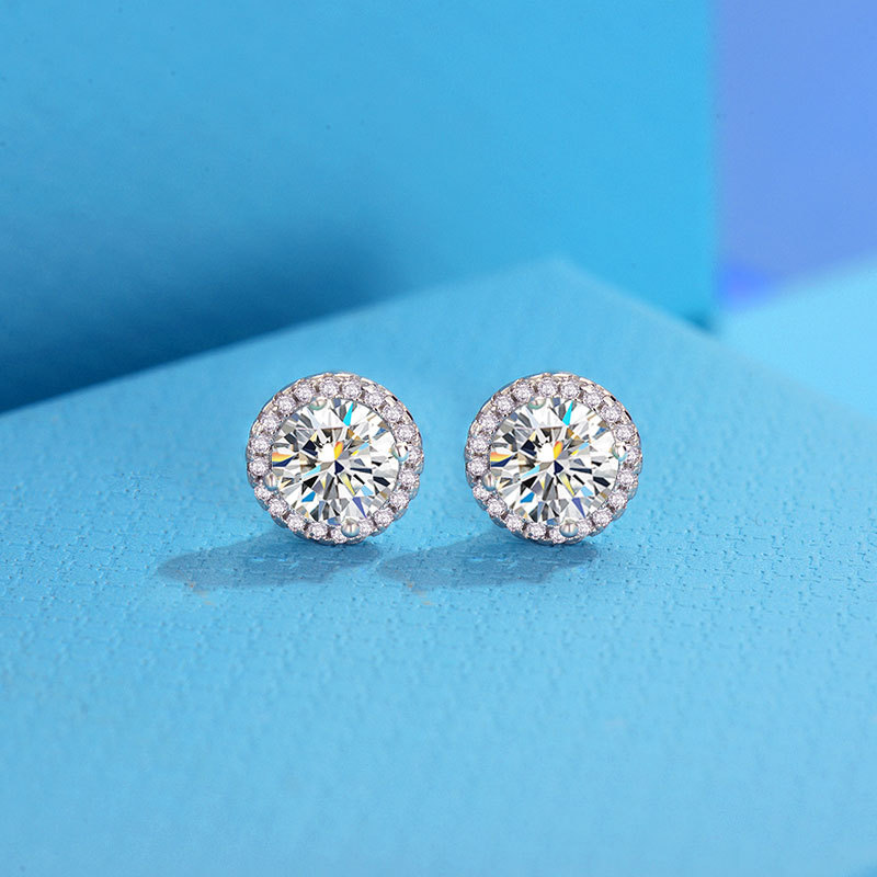 Cross-border 925 Sterling Silver D-color Moissanite Round Bag Earrings Gymnopus Black Drill Thread Screw Button Earrings Women