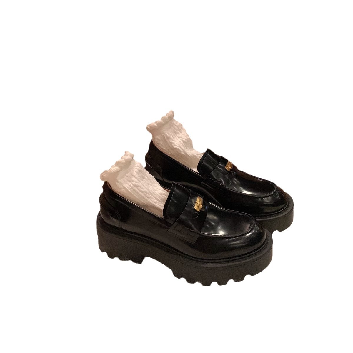 in stock Cowhide Small Gold Coin Pointed Round Head Thick Heel Slip-on Casual All-match Loafers Women's Thick-soled Small Leather Shoes