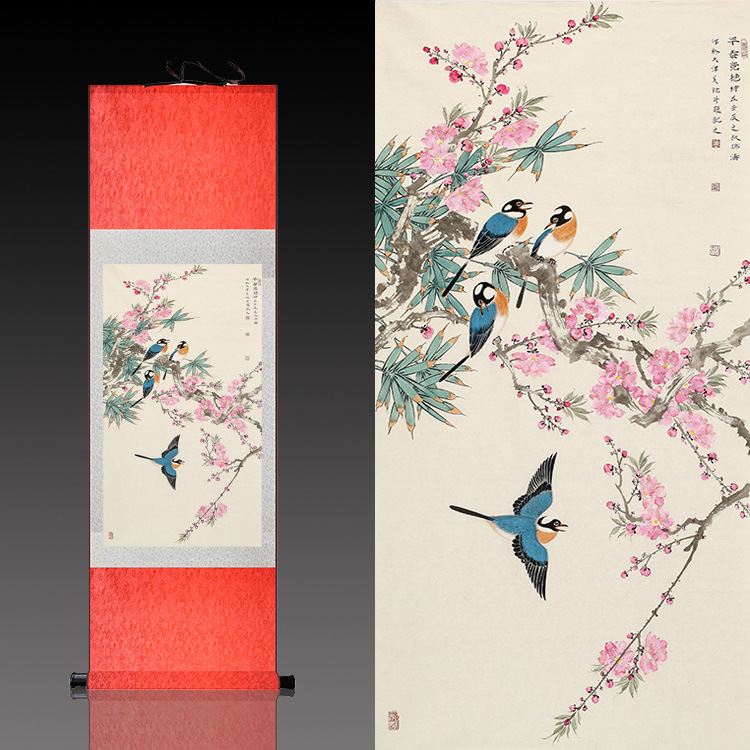 Famous Chinese Painting scroll Painting Silk Calligraphy and Painting Study Room Decoration Lucky Flower and Bird Painting Early Spring Beautiful Peach Blossom Four Happiness