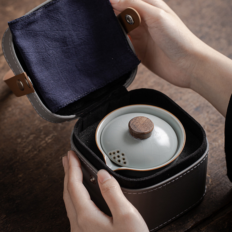 Ru Kiln travel tea set suit outdoor portable one pot three cups kung fu tea making express Cup complete set of hand gifts