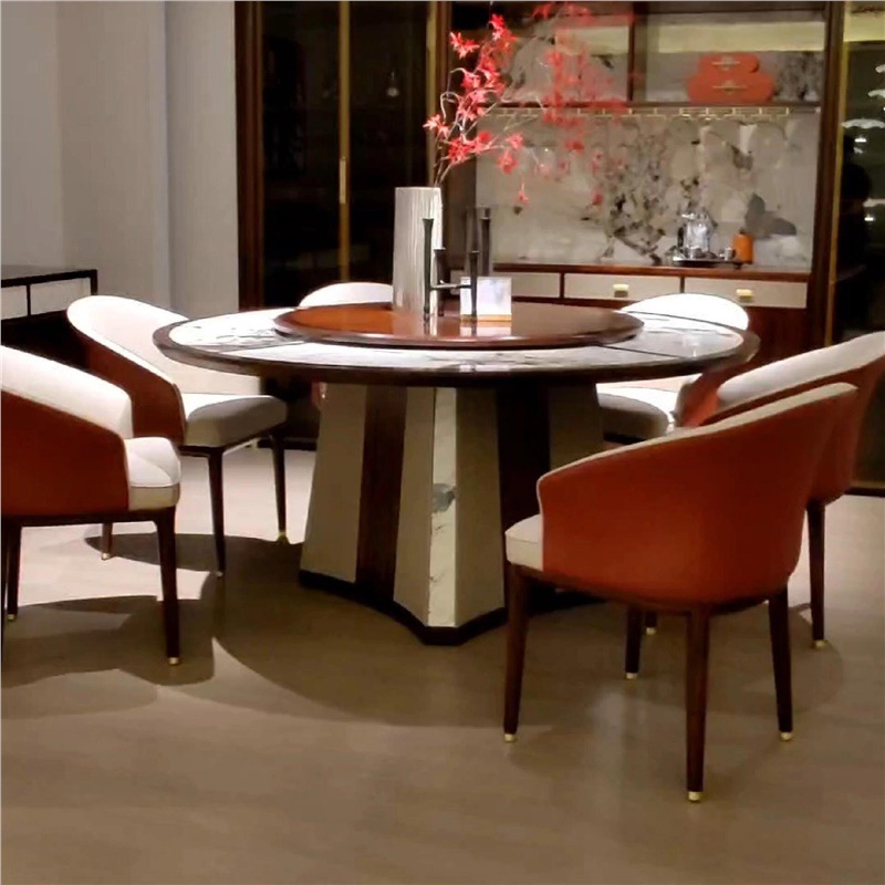 Designer New Chinese Style Ebony Solid Wood Dining Table and Chairs for Large Households to Eat Round Table Modern Villa