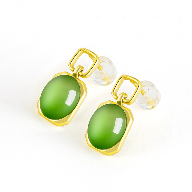 genuine goods Spinach Green Natural Old Material Hetian Jade Jasper Earrings Women's S925 Silver Jade Elegant Simple Earrings