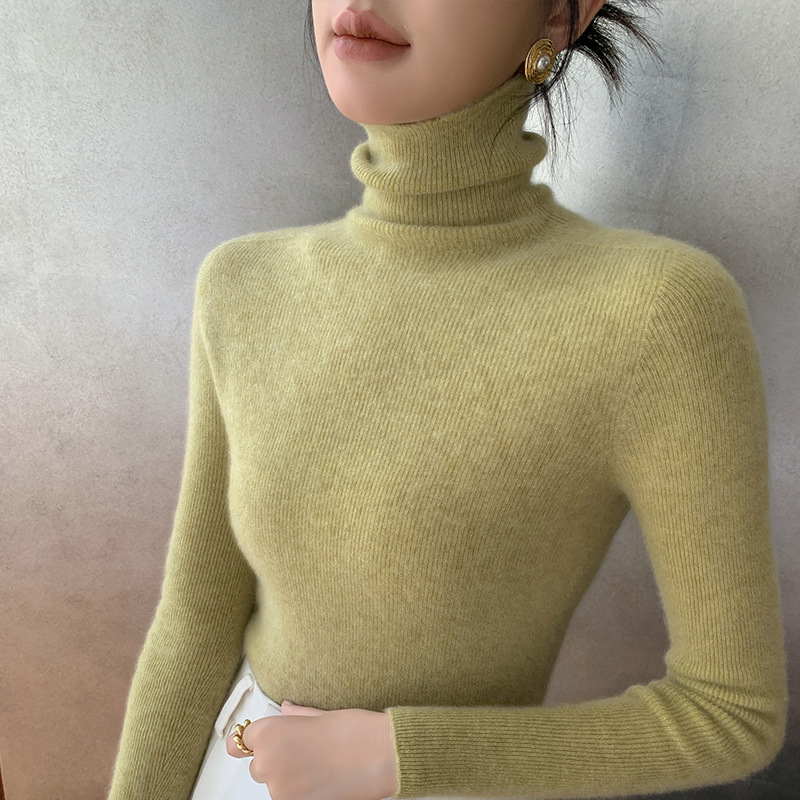 First-Line Garment Seamless 100 Pure Wool Turtleneck Base Shirt Women's Autumn and Winter Slim-Fit Piled Collar Knitted Slim Sweater