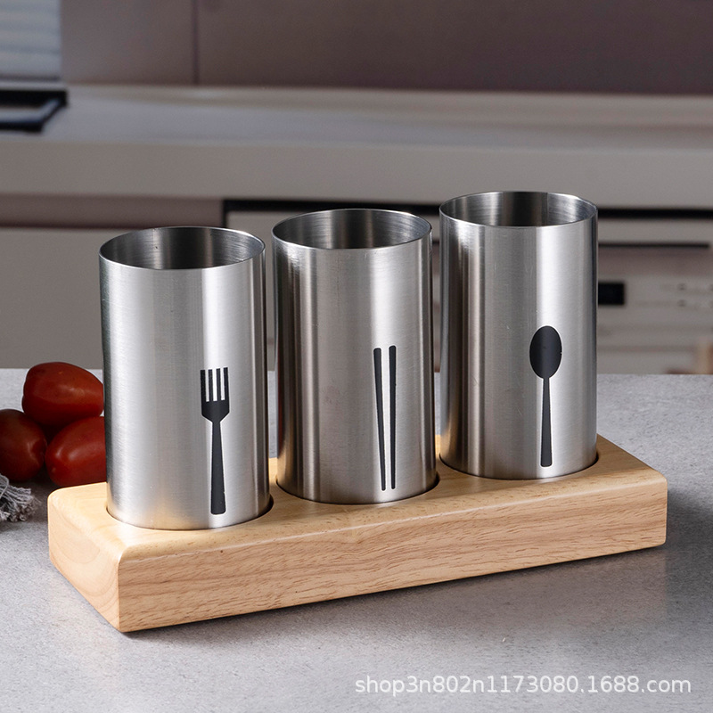 Exported to South Korea Stainless Steel Chopstick Barrel Oak Base Wooden Frame Chopstick Barrel Set Creative Storage Tube Wholesale