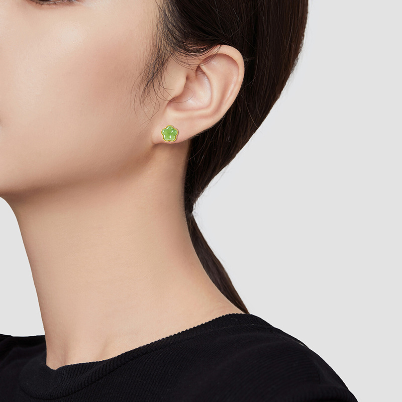 Spinach green natural old material Hetian jade jasper peach blossom earrings women's genuine goods S925 silver jade earrings wholesale