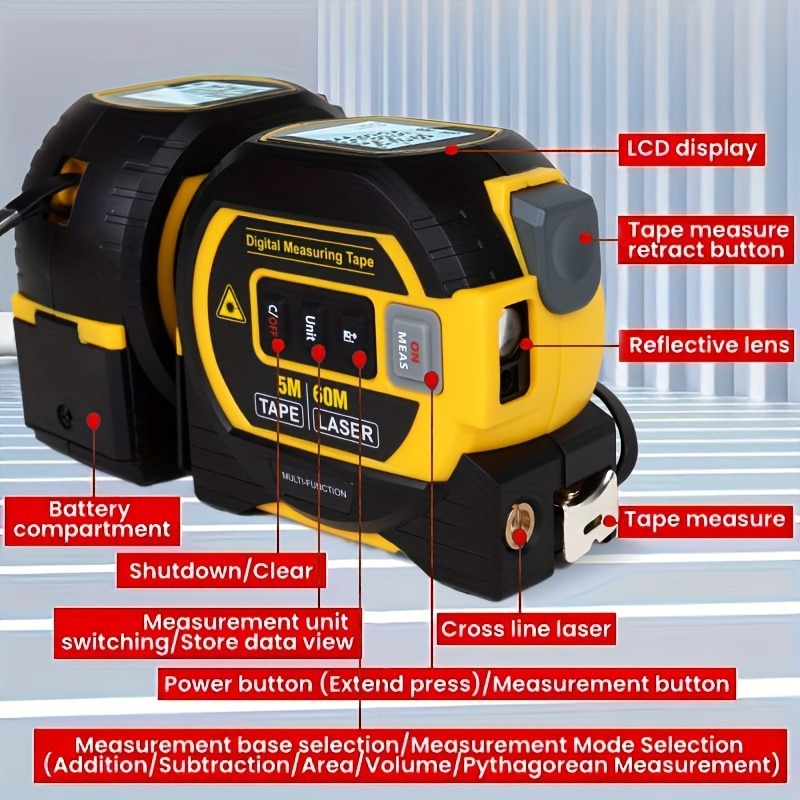Laser Tape Measure 3-in-1 Digital Tape Measure High-Precision Laser Rangefinder Steel Tape Measure Room Measuring Tool Cross Line Cross-Border
