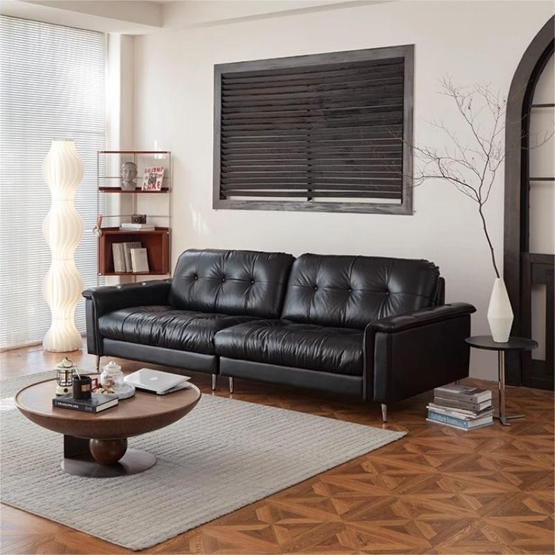 Italian Normcore Nebula Leather Sofa Straight Row Mid-Century Style Living Room Small Apartment First Layer Cowhide Black Sofa Combination