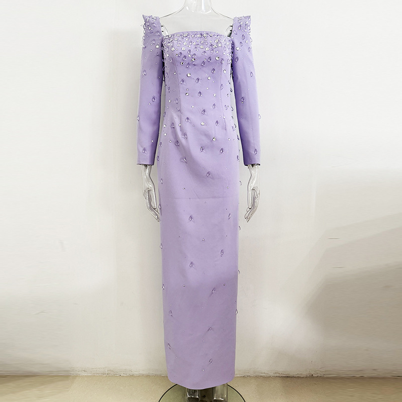 In-Stock European and American Celebrity Fashion Long Dress 2025 New Square Neck Heavy Beaded Rhinestone Long Dress