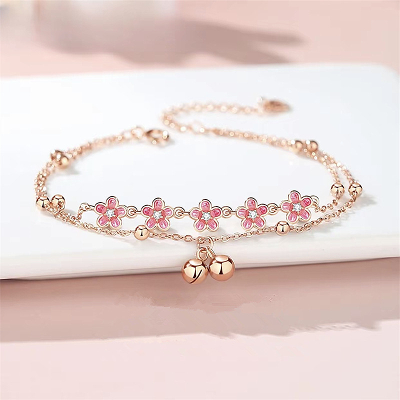 Браслет с колокольчиком, летний 2025, розовый цветок, двойной слой, подарок для лучшей подруги