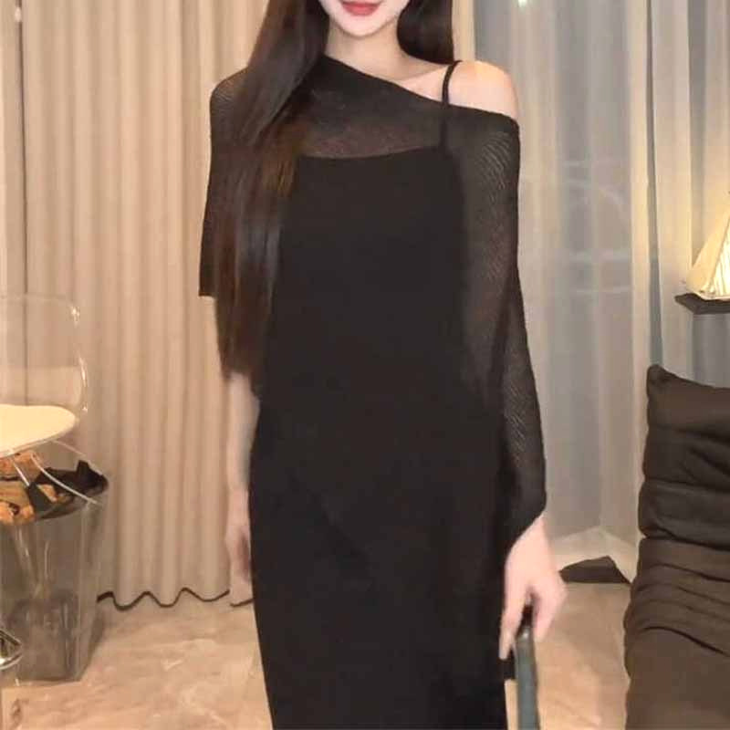 Lazy Style Pullover Irregular Loose Cloak Slant Shoulder Knitted 2025 New Summer Thin Sunscreen Blouse Top