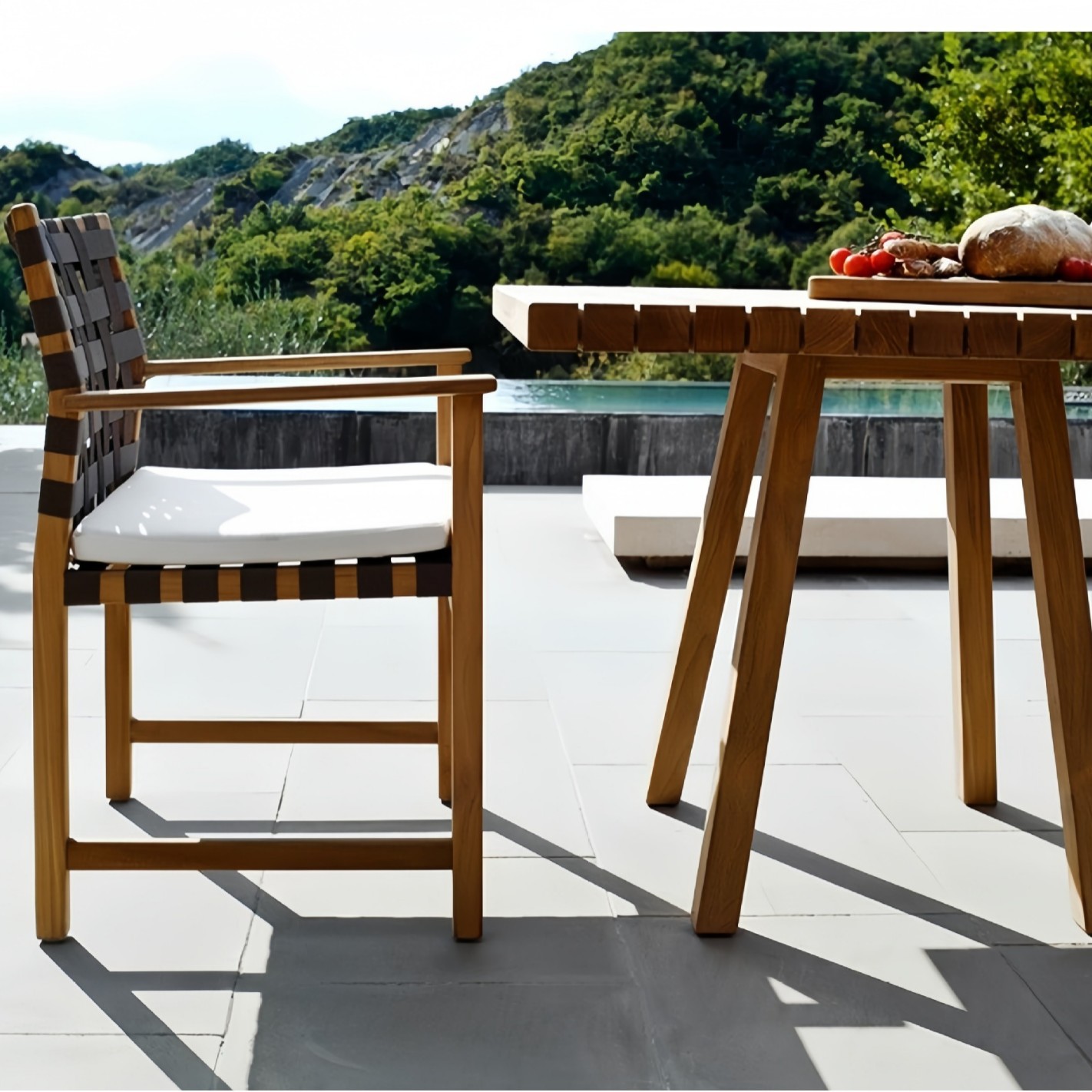 Table and Chair Anti-Corrosion Solid Wood Courtyard Garden Terrace Outdoor Long Table for Guesthouses, Waterproof and Sun-Resistant, Made of Teak and Rattan, Durable and Anti-Corrosion