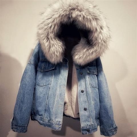 in stock short coat cotton-padded jacket 2025 winter fleece-lined new cotton-padded jacket loose Korean Denim fur collar thickened coat for women