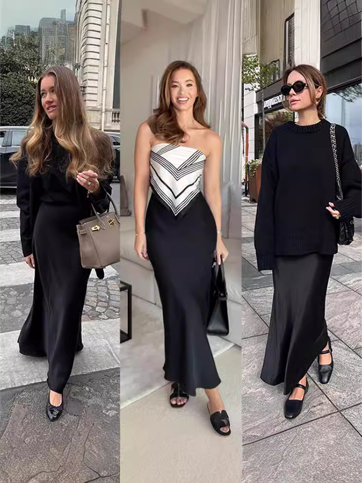 45 ° Bias-Cut Japanese Imported Triacetate Satin Maxi Skirt for Women, Autumn and Winter High-Waisted Fishtail A-Line Long Skirt