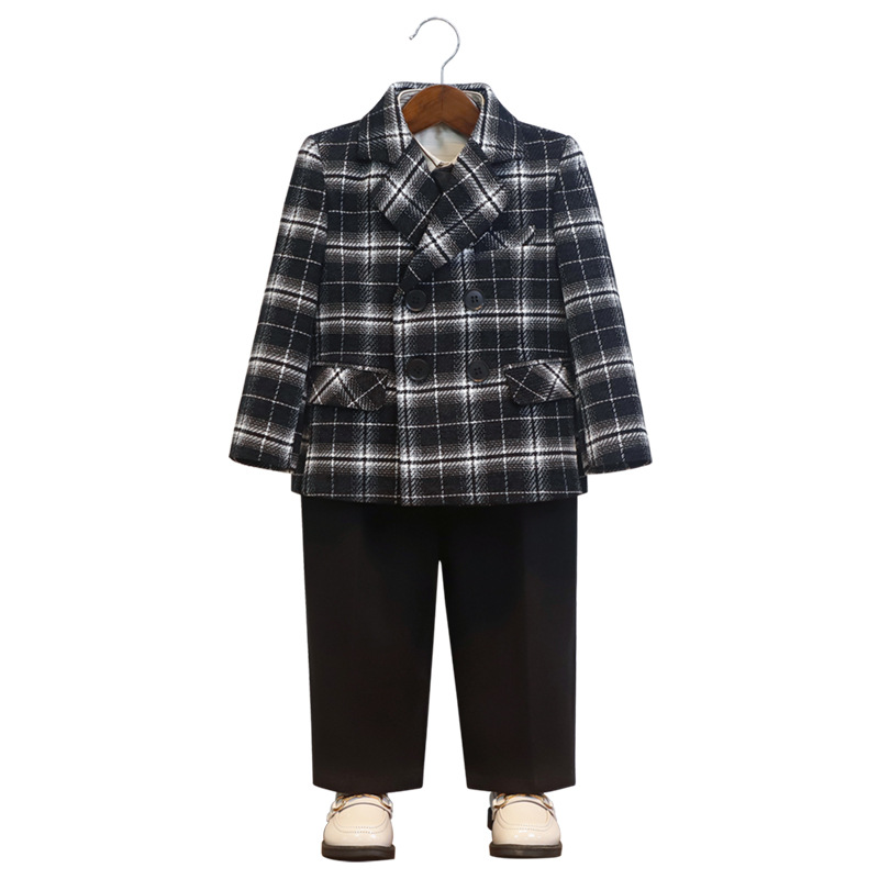 Children's Suit suit Autumn and Winter New British Plaid Small Suit Coat Boy's One-year-old Flower Boy Host Performance Coat