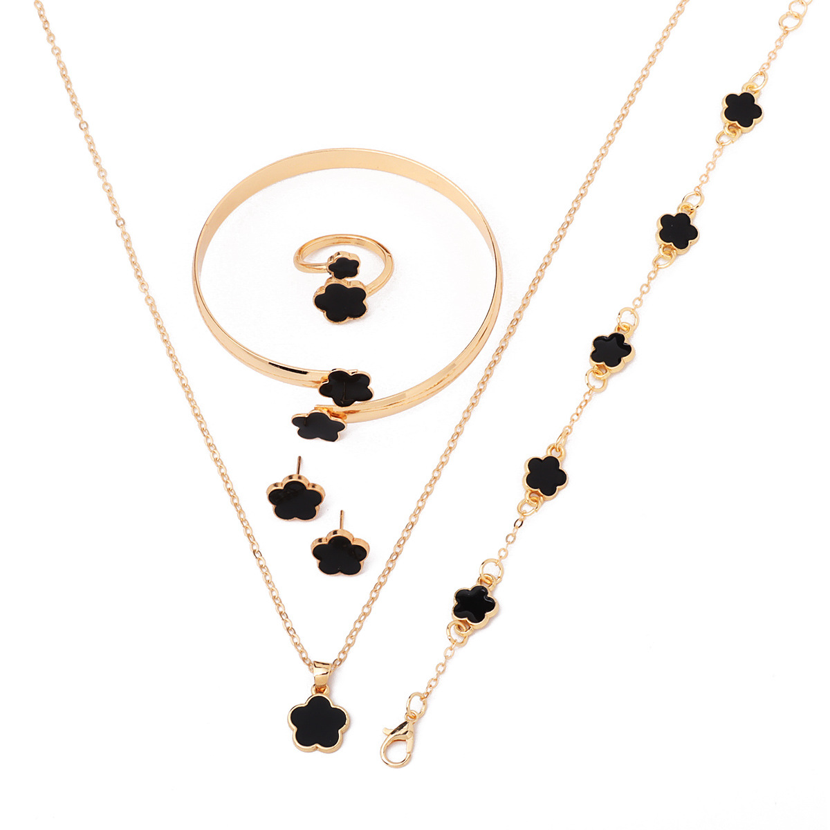 European and American Hot-Selling Versatile Jewelry Set Cross-Border Hot-Selling Five-Petal Flower Necklace Bracelet Bracelet Earrings Ring 5-Piece Set