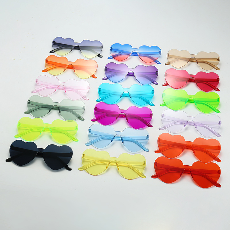 New Cross-Border Peach Heart Sunglasses, Love Glasses, European and American Trendy Rimless One-Piece Marine Film Dazzling Color Sunglasses