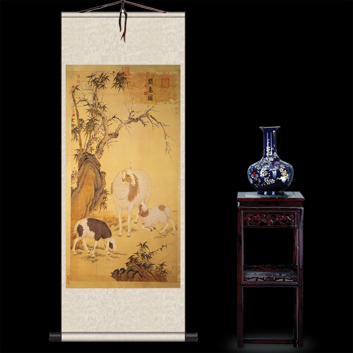 Maquan White-Headed Crane Picture of Three Yangs Opening Tai Flower and Bird Painting Silk Scroll Painting Living Room Home Decoration Painting