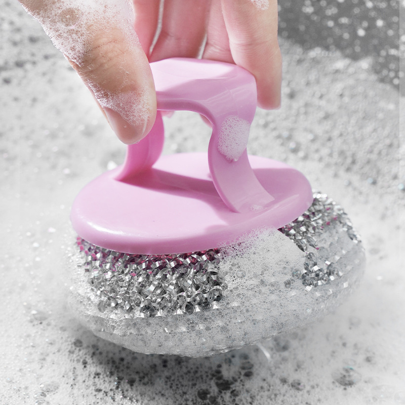 Pot Cleaning Ball Steel Wire Ball with Handle Dishwashing Pot Household Decontamination Long Handle Brush with Handle Pot Brush