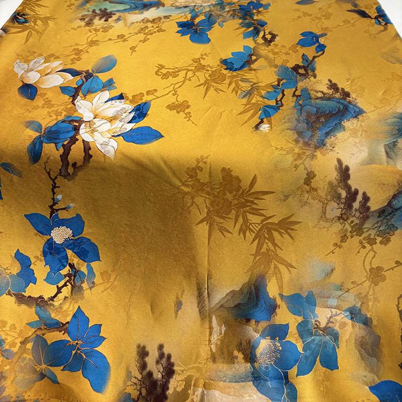 Golden Fragrant Cloud Yarn Fabric Satin Mulberry Silk Imitation Silk Jacquard Chinese Style Cheongsam Clothing Fabric Floral Fabric