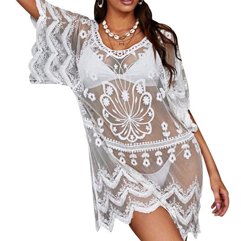 European and American beach vacation sun protection Women's loose mid-length pullover dress water soluble lace shirt bikini blouse