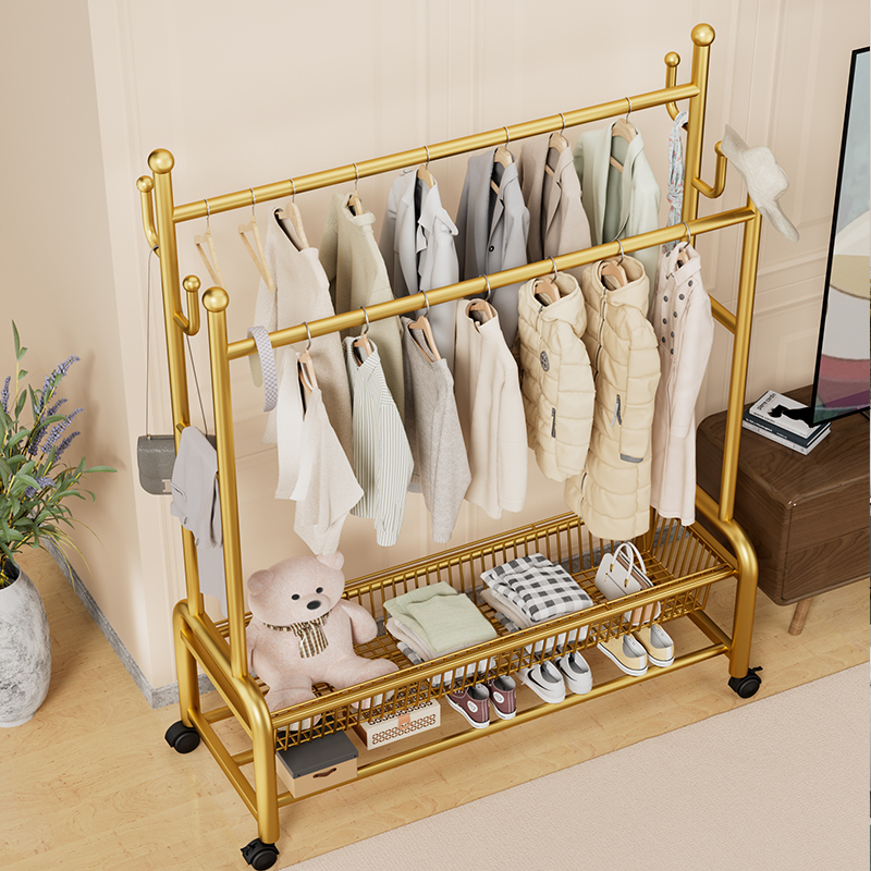Hanger Floor-Standing Bedroom Thickened Clothes Rack Indoor Household Room Clothes Shelf Floor-Standing Double-Pole Coat Rack