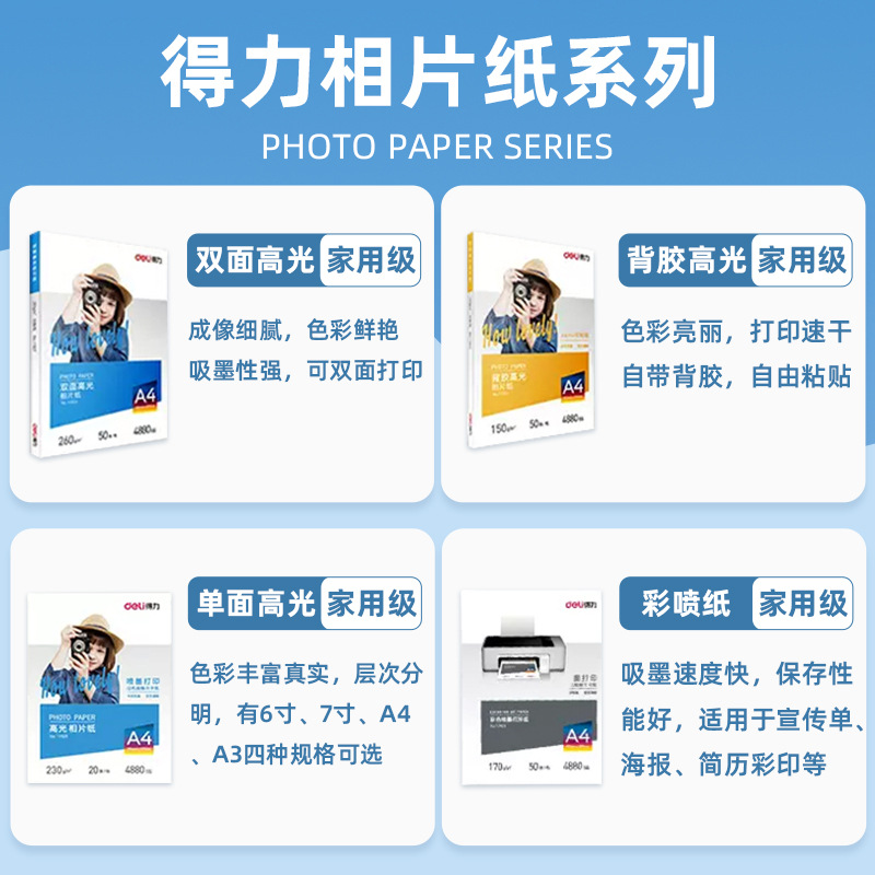 Deli Photo Paper 4R/5R/A4/A3 Inkjet Printing Paper 150G/230G Glossy Colorful Inkjet Paper with Adhesive Backing