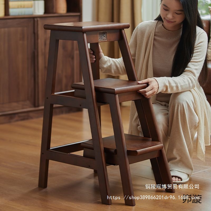 Solid Wood Three-Step Ladder Stool Indoor Flower Stand Ladder Dual-Purpose Step Ladder Household Folding Telescopic Multi-Functional Climbing Ladder