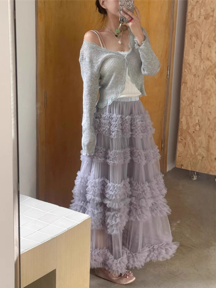 2025 Niche Fairy Atmosphere Long Skirt Korean Style Simple Mesh Splicing Layered Cake Layered Skirt