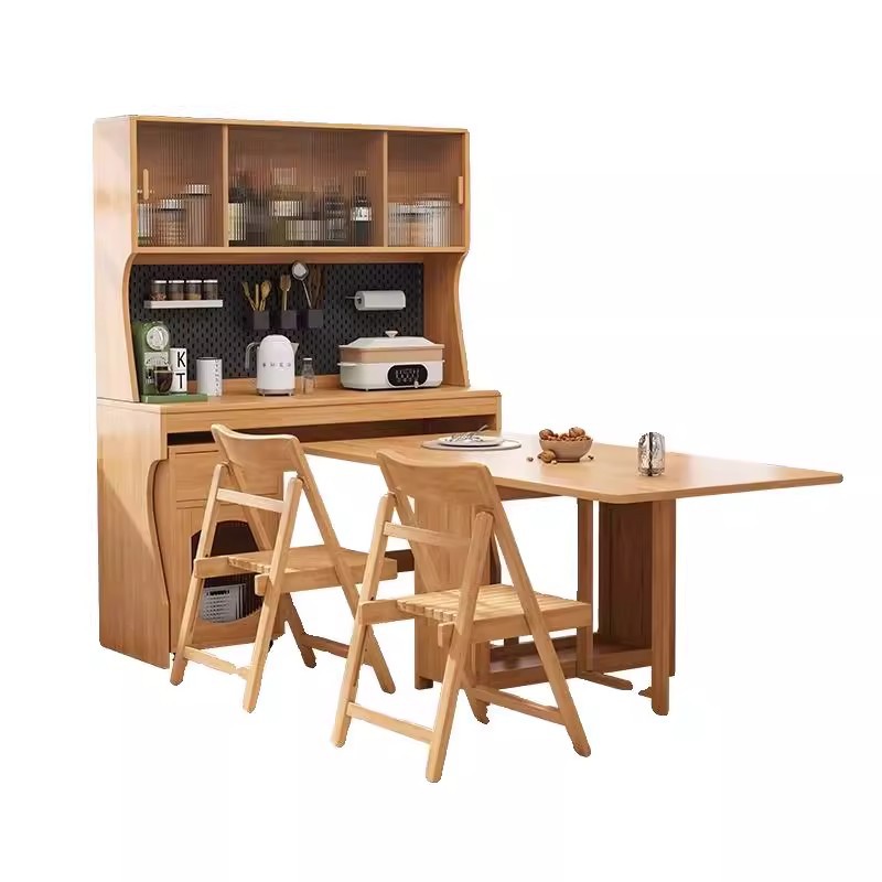 Folding Dining Table Small Apartment Full Solid Wood Sideboard Dining Table Integrated Household Multi-functional Wall Storage Cabinet