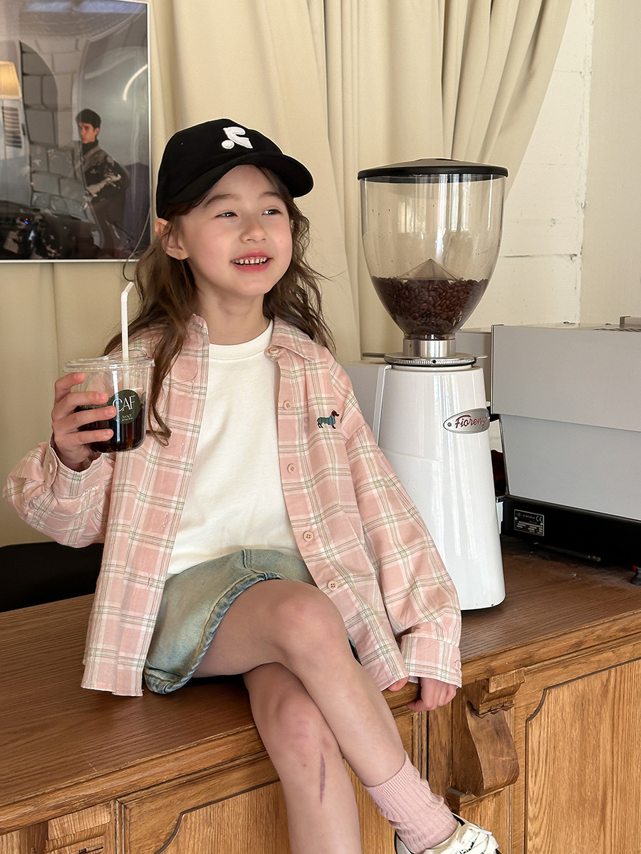 Emo Beibei Children's Clothing 2025 Spring New Girls Korean Pink Shirt Cartoon Embroidered Puppy Plaid Shirt