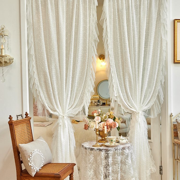 Занавеска в стиле Шанель, однотонная кружевная полупрозрачная занавеска, без сверления, с штангой