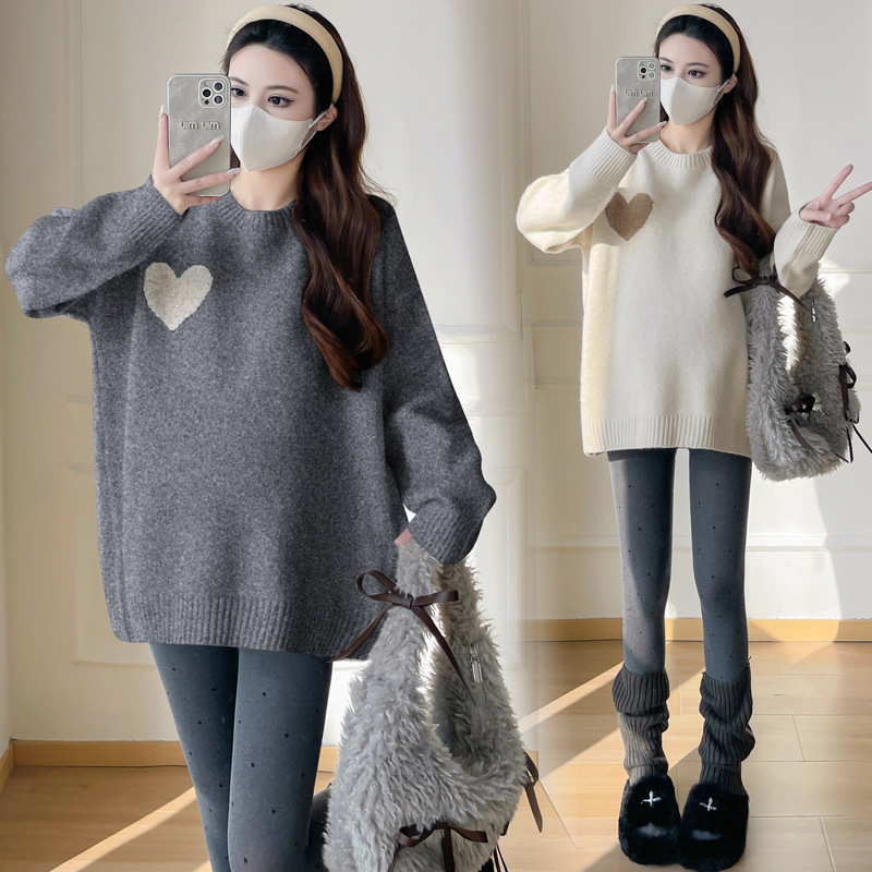 2024 Autumn and Winter New Maternity Dress Love Jacquard Thickened Pullover Sweater Loose All-match Wool Knitted Sweater