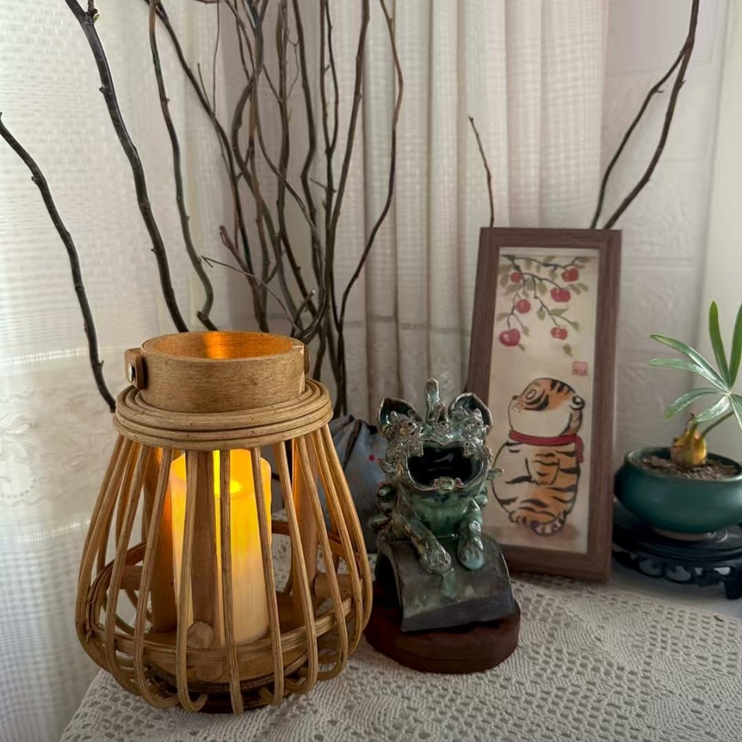 New Chinese-Style Bamboo and Rattan Woven Lantern Storage Basket, Desktop and Floor Storage, Zen-Inspired, Simple, Mini Handmade Zen Style