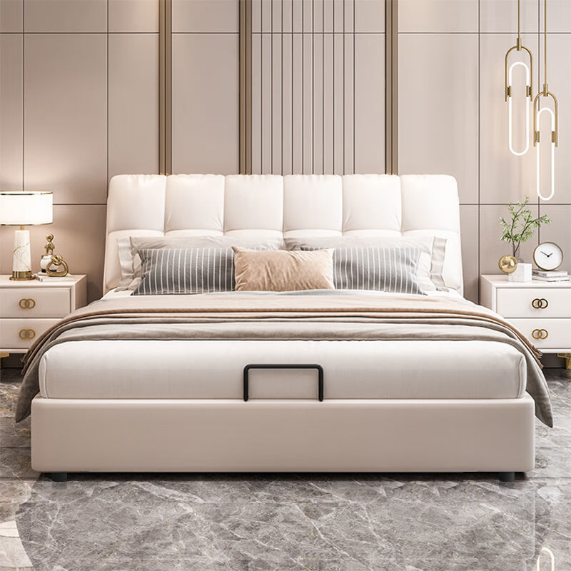 Nordic Leather Art Bed Soft Backrest 1.8m Multifunctional Storage Double Bed Wedding Bed Bedroom Light Luxury Nappa Leather Bed Direct Sale