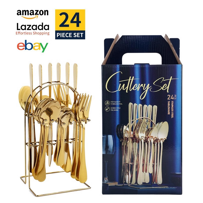 Stainless Steel Tableware suit 24-piece Set of Foreign Trade Advanced Sense Combination of Knife, Fork and Spoon Golden Tableware Storage Rack Gift Box