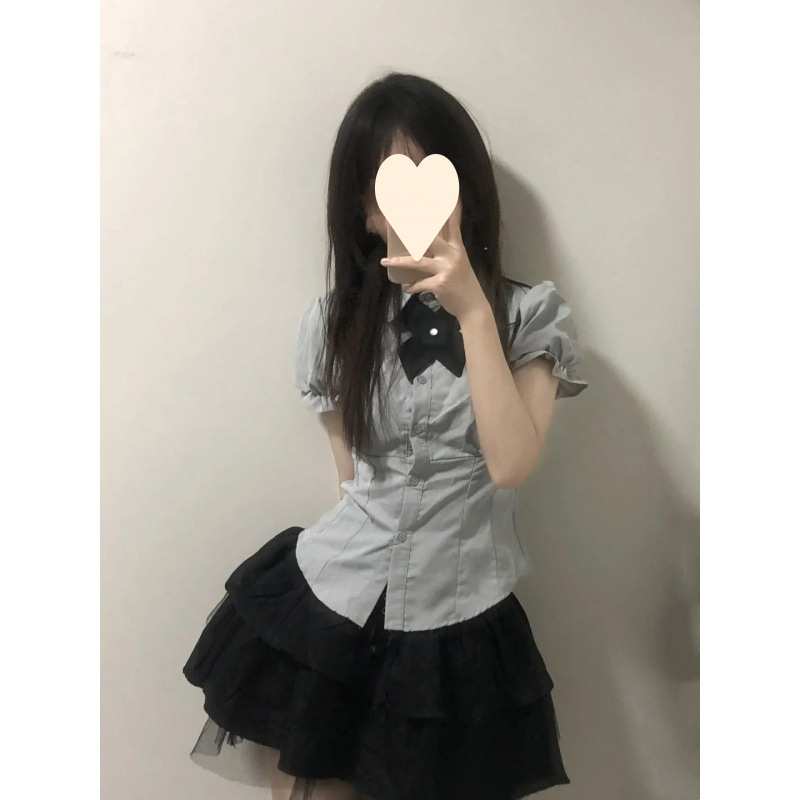 Summer New Japanese Jk Uniform Set for Women, Waist-Cinching Slimming Puff Sleeve Shirt Top with High-Waisted Puffy Cake Skirt