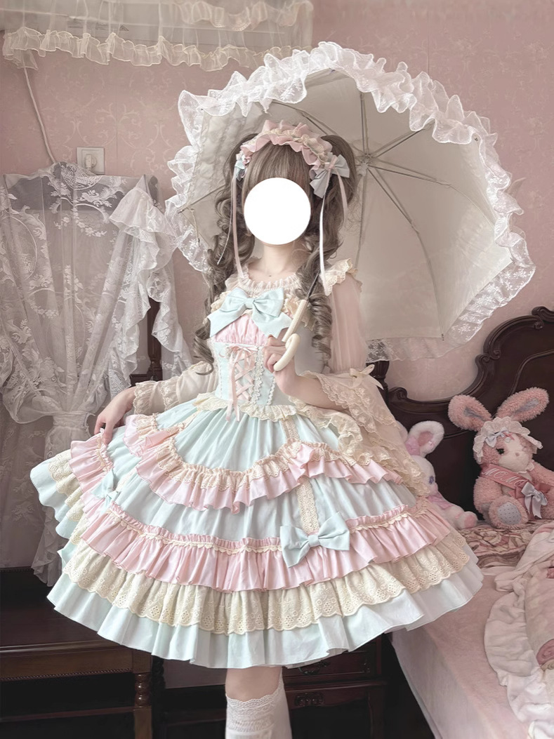 [Sweet Mousse] Brocade Garden Lolita Original Cute and Sweet Contrasting Color Small Fresh Jsk Dress