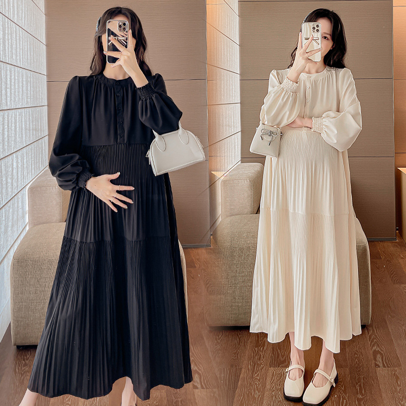 Spring and Summer new loose slimming pleated round neck simple lazy artistic style elegant gentle casual all-matching dress