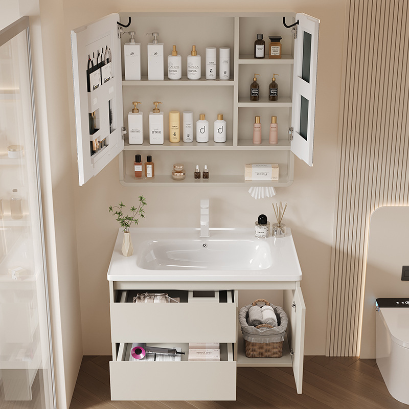 Thickened Honeycomb Aluminum Bathroom Cabinet Ceramic One-piece Basin Push-pull Feng Shui Mirror Household Washing Table Face Washing Basin Combination