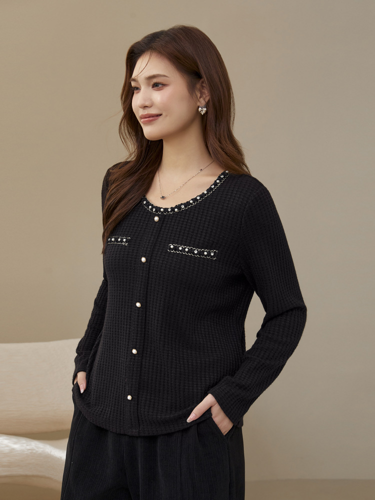 【Beautiful High-Quality Retro Plaid T-Shirt】Slimming Plus Size Women's Fashion Design Beaded Versatile T-Shirt for Plus Size Women, New Autumn Style