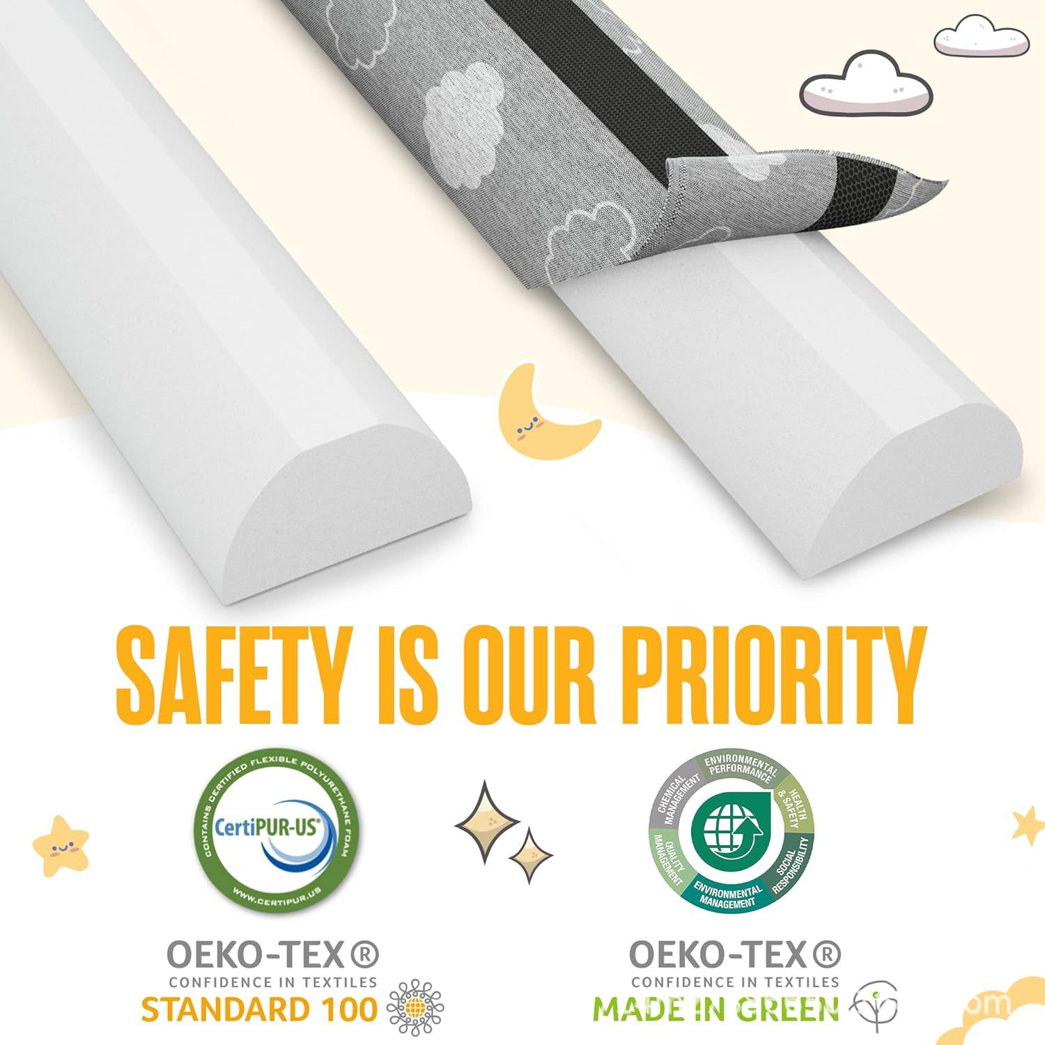 Custom Toddler Bed Bumper Memory Foam Bed Rails Waterproof Washable Double Sided Non-Slip Soft Cover