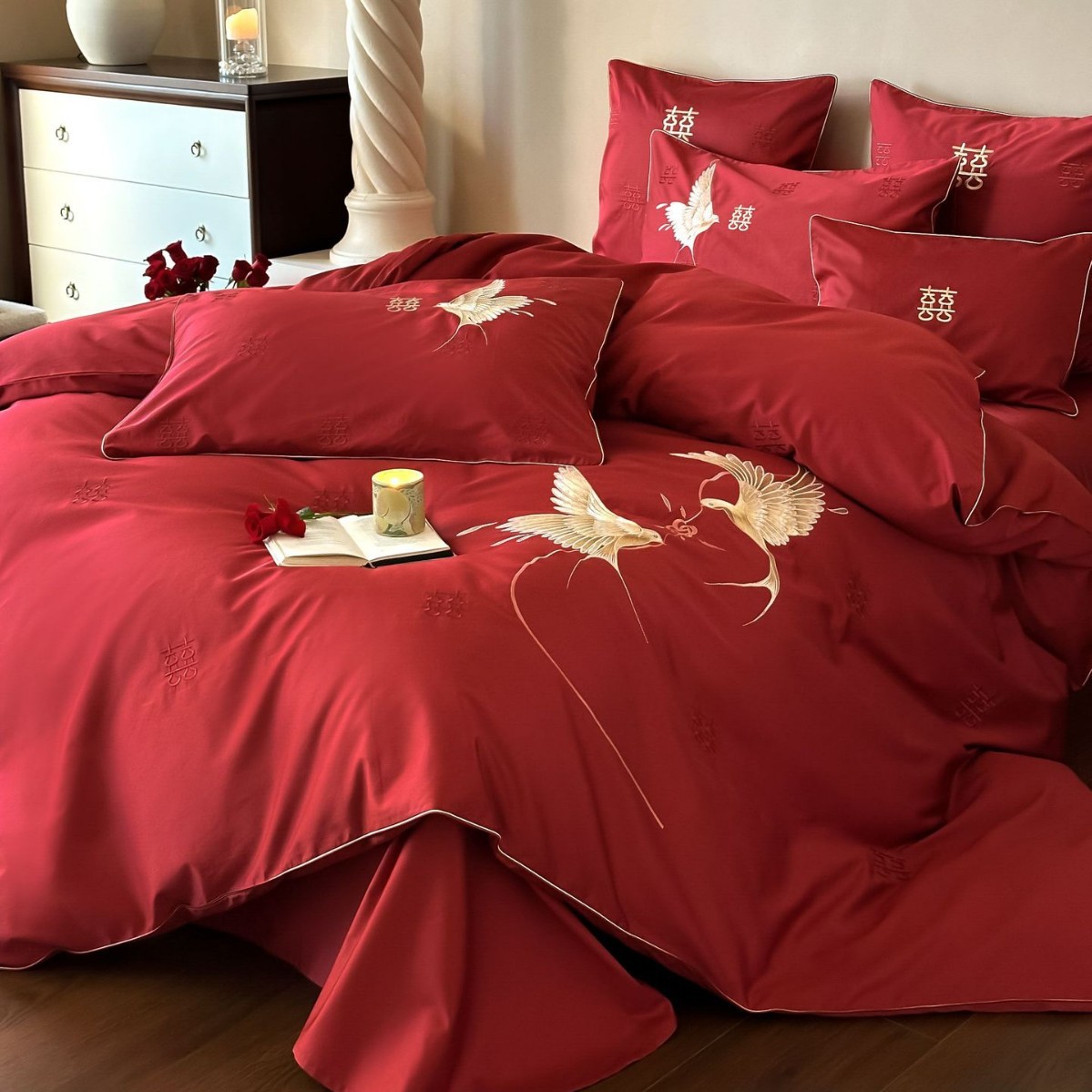 Simple New Chinese Wedding Four-piece Cotton Magpie Double Happiness Embroidery Red Wedding Cotton Bedding 1.8