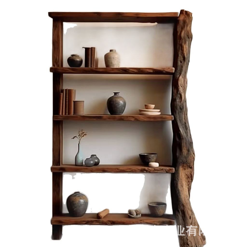 Old Elm Style Bookshelf Storage Rack Floor Multi-layer Antique Rack Storage Display Cabinet Furniture Solid Wood