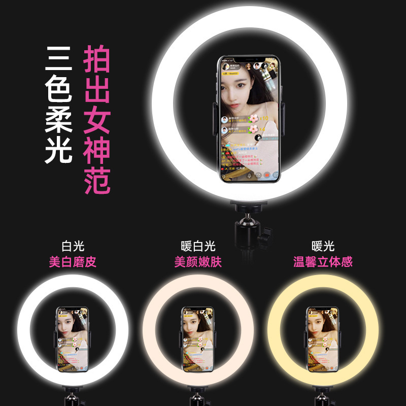 Factory Direct Supply Mobile Phone Live Broadcast Bracket Fill Light Internet Celebrity Lighting Shooting Indoor Photography 10inch Ring Beauty Lamp