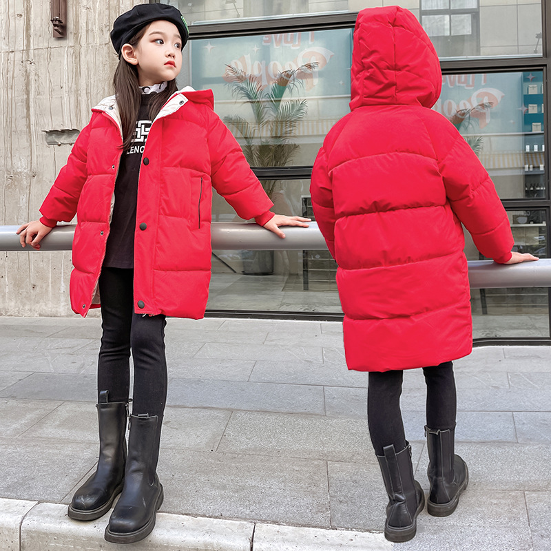 Cross-Border Cotton Clothing Pure Color Small and Medium-Sized Children's Boys and Girls Hooded Mid-Length Cotton Jacket Autumn and Winter Children's Classic Mid-Length Jacket