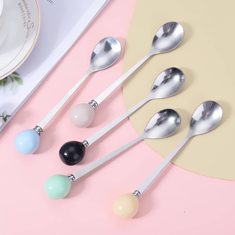 Macaron Color Spoon Creative Ball Stainless Steel Fruit Fork Color Glaze Stainless Steel Imitation Ceramic Handle Spoon Ins