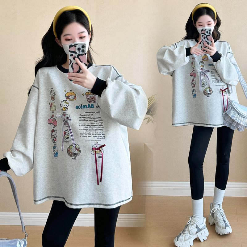 Spring Clothing Korean Style Pregnant Women's Fashionable Age-reducing Lazy Cotton Sweat plus size All-match Printed Graffiti Pregnant Women's Fashionable Top