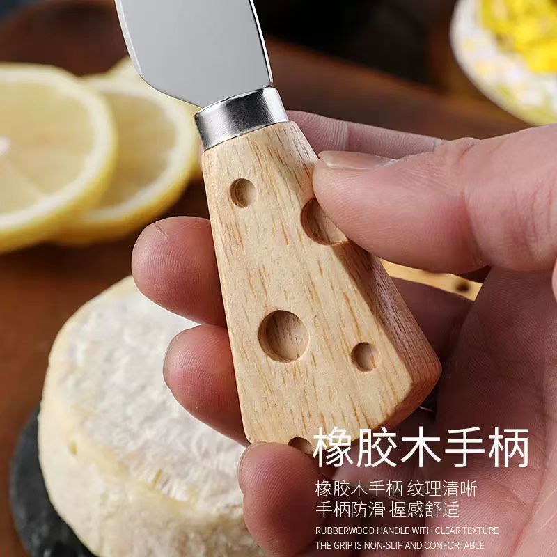 Cross-Border Rubber Wood Handle Cheese Handle Cheese Knife Set Stainless Steel Cheese Knife and Fork 6-Piece Set Including Wooden Base