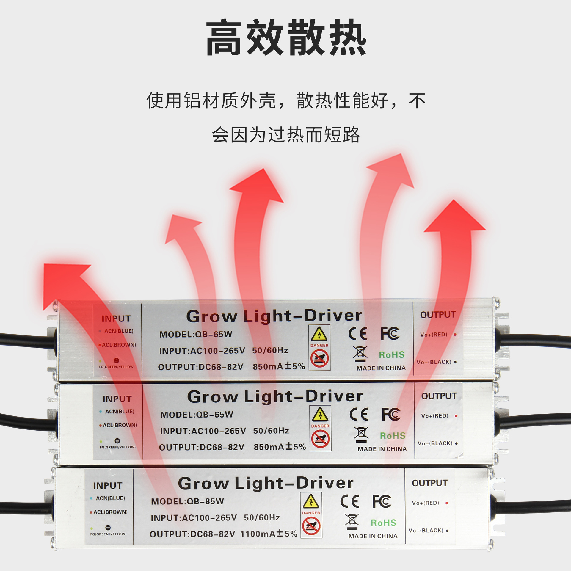 LED wide voltage AC85-265V power supply 65W 85W driver with 1.5 m switch plug wire warranty for two years