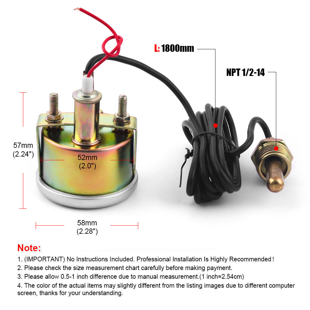 Car 2 "52Mm Mechanical Water Temperature Gauge 38-121 ℃ /100-250 ℉   Dual Display 12V Npt1/2-14